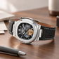 OBLVLO FM-SF Men's Diamond Bezel Automatic Watch Skeleton Open Heart Black Dial Mechanical Wristwatch Silver Case Stitched Black Leather Strap