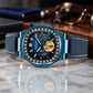 OBLVLO FM-SF Men's All-Blue Automatic Mechanical Watch Open Heart Diamond Bezel Metallic Blue Stainless Steel Case Leather Strap
