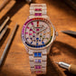 OBLVLO FM-DSL-AD Luxury Mens Mechanical Watch Hand-Set Rainbow Crystal Bezel Automatic Movement Rose Gold Iced Out Steel Wristwatch