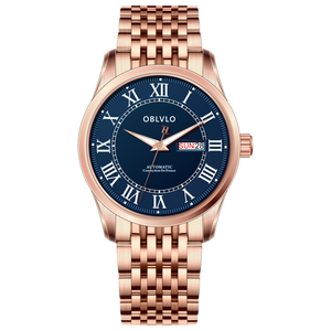 OBLVLO GC-SIM 41mm Rose Gold & Blue Dial Men's Fashion Roman Numeral Classic Automatic Mechanical Wristwatch with Day Date
