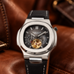 OBLVLO FM-SF Men's Diamond Bezel Automatic Watch Skeleton Open Heart Black Dial Mechanical Wristwatch Silver Case Stitched Black Leather Strap