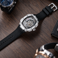 OBLVLO ZRM-ZM Silver Tonneau Skeleton Automatic Watch - 46mm Stainless Steel Case Mechanical Sport Wristwatch Black Rubber Strap