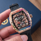 OBLVLO ZM-PH Rose Gold Tonneau & Cubic Zirconia Case Luxury Men's Skeleton Watch - 3D Dragon & Phoenix Carved Dial