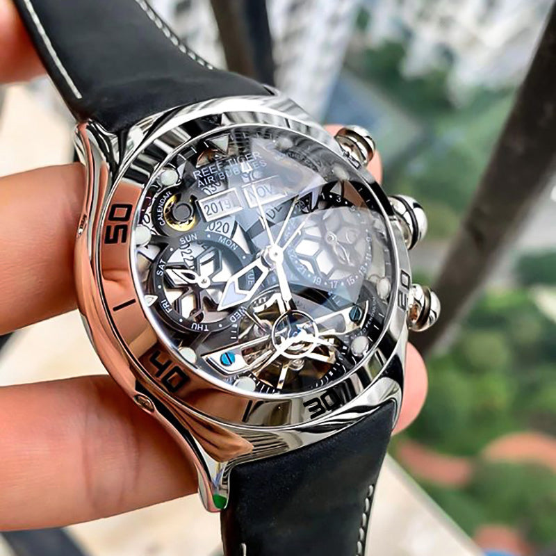 REEF TIGER AIR BUBBLES 自動巻き腕時計 Reef Tiger Aurora Air Bubbles Black PVD Luxury Unique Skeleton Watches