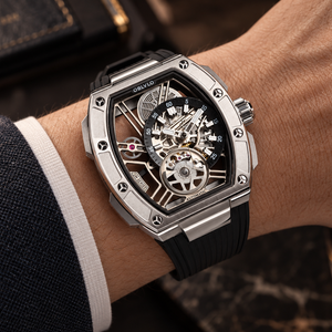 OBLVLO ZRM-ZM Silver Tonneau Skeleton Automatic Watch - 46mm Stainless Steel Case Mechanical Sport Wristwatch Black Rubber Strap