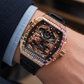 OBLVLO ZM-PH Rose Gold Tonneau & Cubic Zirconia Case Luxury Men's Skeleton Watch - 3D Dragon & Phoenix Carved Dial
