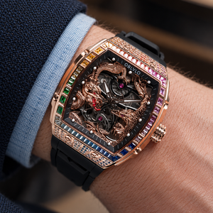 Montre Homme Luxe OBLVLO ZM-PH Or Rose Boîtier Tonneau Squelette - Cadran Sculpté Dragon et Phénix 3D