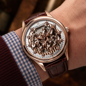 OBLVLO VMH Men's Mechanical Automatic Watch 3D Galloping Horse Sculpture Skeleton Dial Rose Gold Case Leather Strap Wristwatch