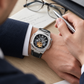 OBLVLO FM-SF Men's Diamond Bezel Automatic Watch Skeleton Open Heart Black Dial Mechanical Wristwatch Silver Case Stitched Black Leather Strap