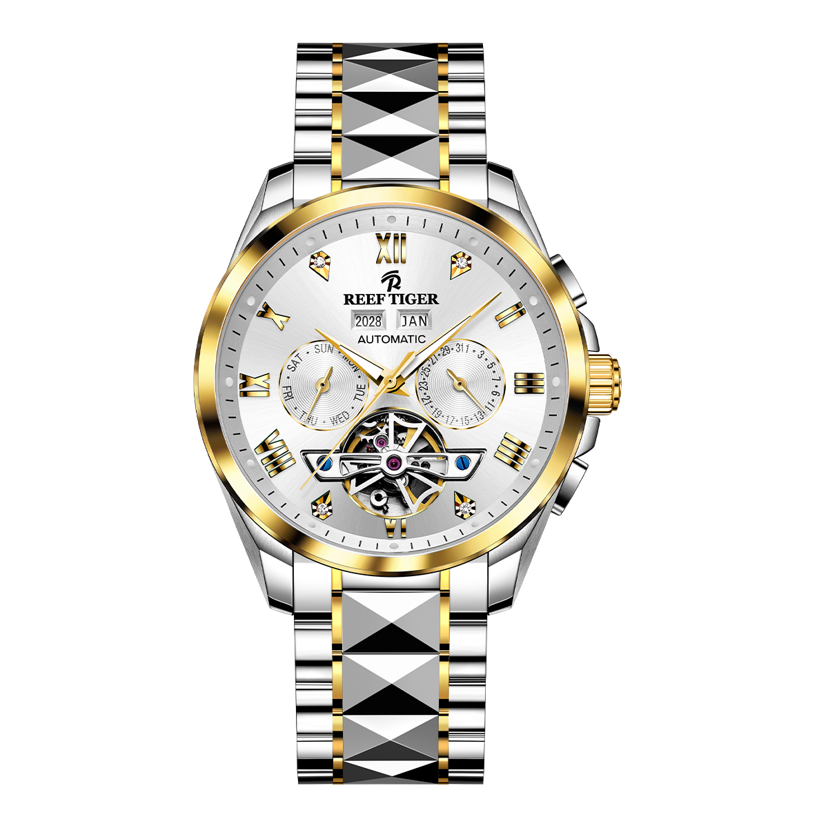 Classic Dress White Day Date Dial Yellow Gold Case Automatic Men's Watch - Reef Tiger RGA8235