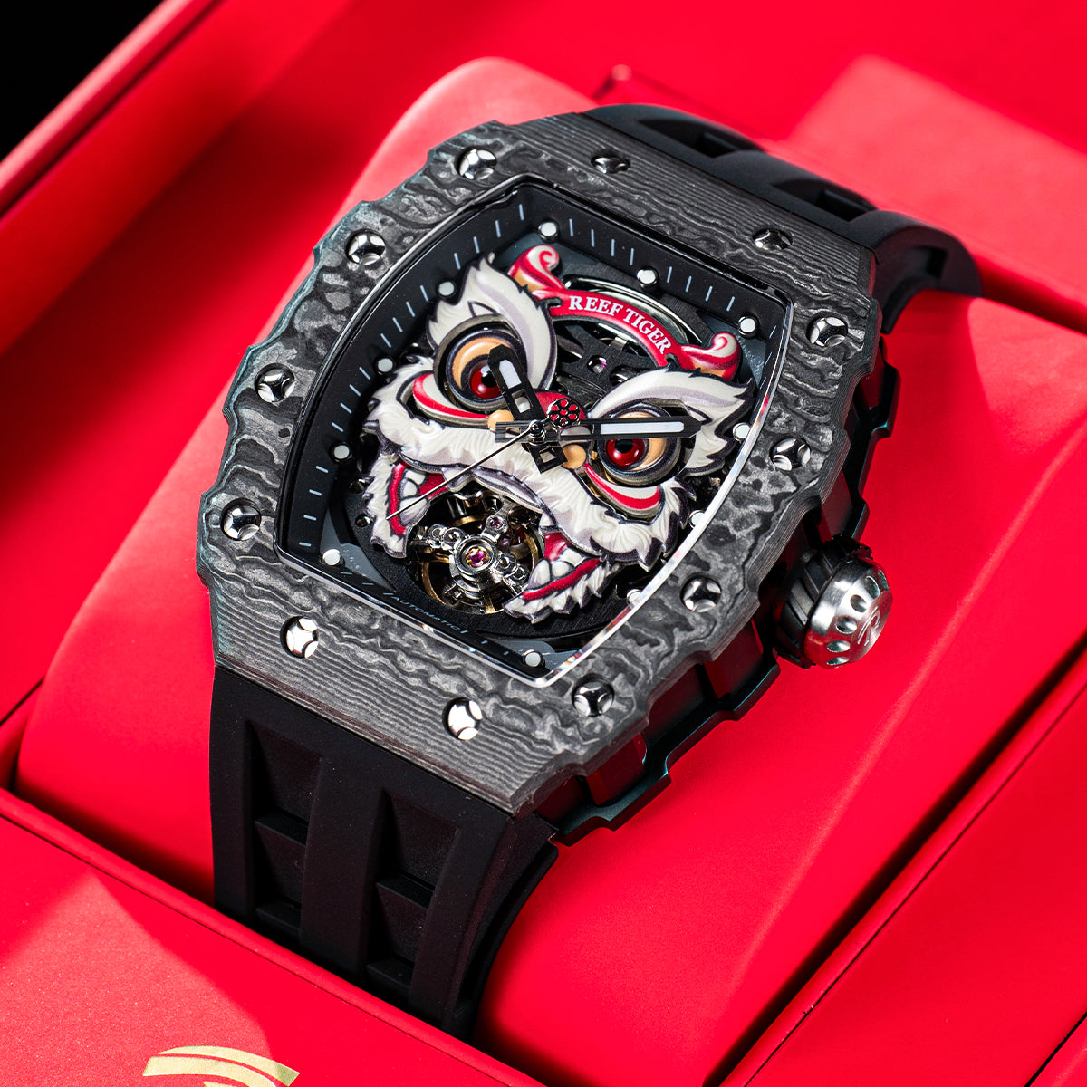 Cool Reef Tiger RGA3009 Chinese Lion Dance Unique Black Strap Skeleton Watch