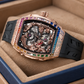 OBLVLO ZM-PH Rose Gold Tonneau & Cubic Zirconia Case Luxury Men's Skeleton Watch - 3D Dragon & Phoenix Carved Dial