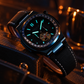 OBLVLO FM-SF Men's All-Blue Automatic Mechanical Watch Open Heart Diamond Bezel Metallic Blue Stainless Steel Case Leather Strap