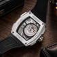 OBLVLO ZRM-ZM Silver Tonneau Skeleton Automatic Watch - 46mm Stainless Steel Case Mechanical Sport Wristwatch Black Rubber Strap