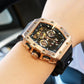 REEF TIGER RGA3009 Rose Gold Men Multifunctional Skeleton Automatic Tonneau Luminous Waterproof Watch