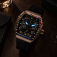OBLVLO ZM-PH Rose Gold Tonneau & Cubic Zirconia Case Luxury Men's Skeleton Watch - 3D Dragon & Phoenix Carved Dial