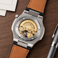 OBLVLO FM-SF Men's Open Heart Automatic Watch Silver Stainless Steel Luxury Diamond Bezel Mechanical Wristwatch Blue Dial Textured Leather Strap