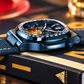 OBLVLO FM-SF Men's All-Blue Automatic Mechanical Watch Open Heart Diamond Bezel Metallic Blue Stainless Steel Case Leather Strap