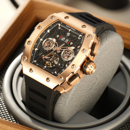 REEF TIGER RGA3009 Rose Gold Men Multifunctional Skeleton Automatic Tonneau Luminous Waterproof Watch