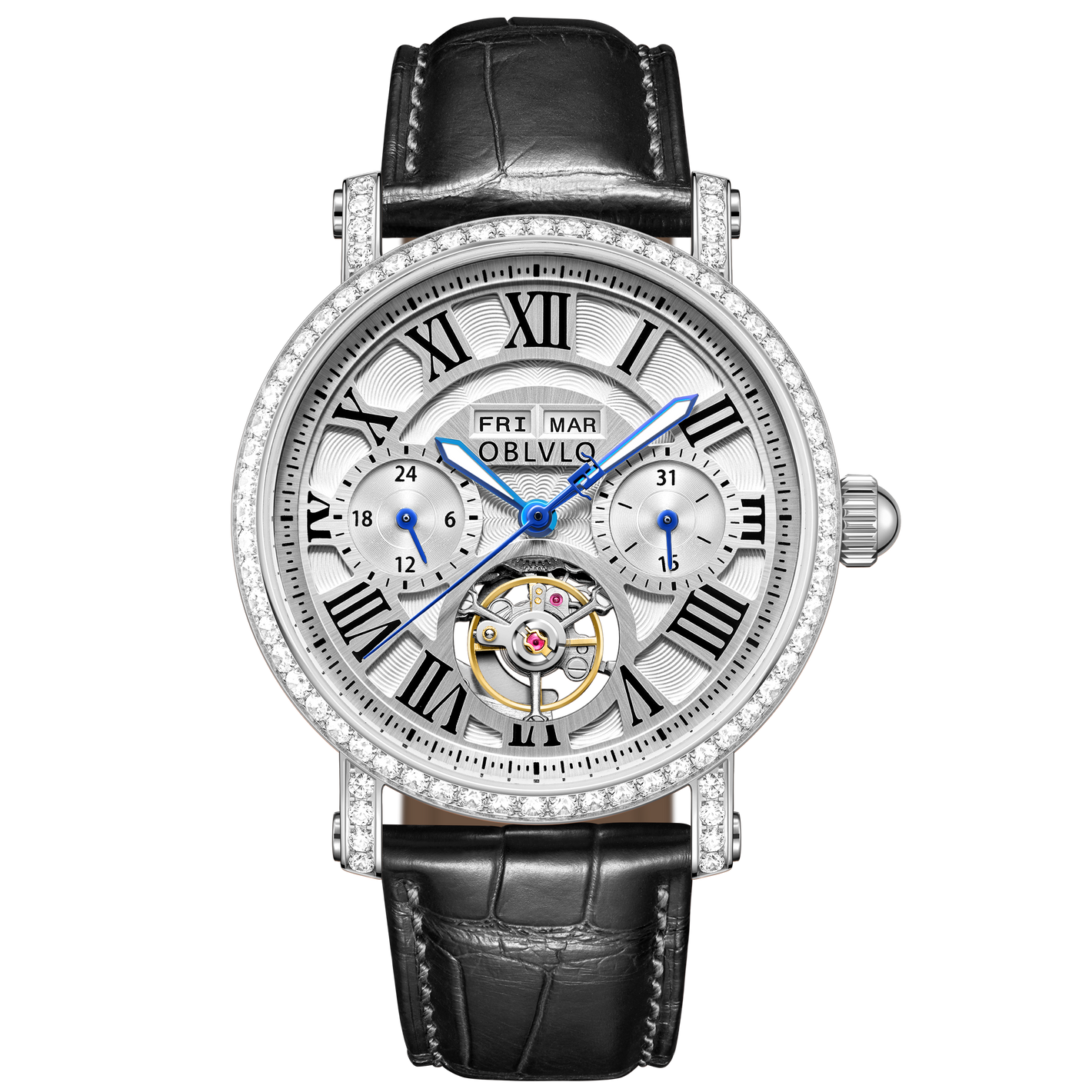 OBLVLO YM White Dial & Roman Markings Zirconia Bezel Self Winding Automatic Tourbillon Style Dress Watch