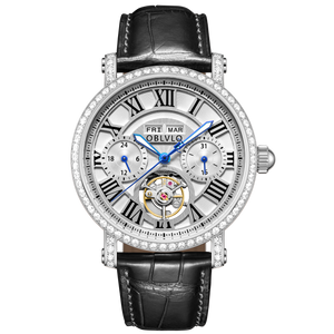 OBLVLO YM White Dial & Roman Markings Zirconia Bezel Self Winding Automatic Tourbillon Style Dress Watch