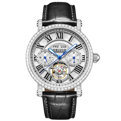 OBLVLO YM White Dial & Roman Markings Zirconia Bezel Self Winding Automatic Tourbillon Style Dress Watch