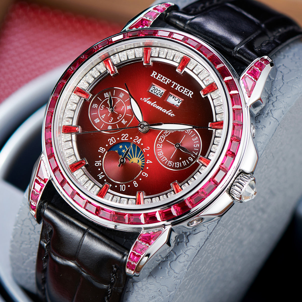 Best Affordable Luxury Burgundy Red Zirconia Bezel & Dial Moon Phase D