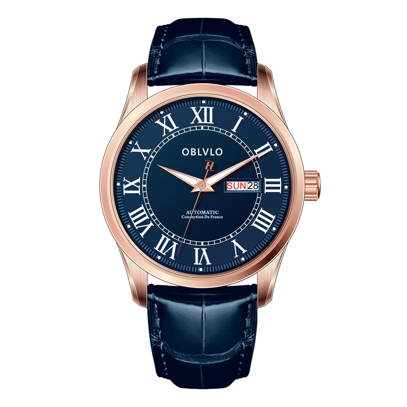 OBLVLO GC-SIM 41mm Rose Gold & Blue Dial Men's Fashion Roman Numeral Classic Automatic Mechanical Wristwatch with Day Date