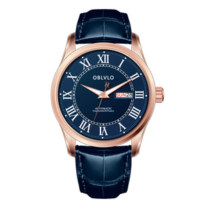 OBLVLO GC-SIM 41mm Rose Gold & Blue Dial Men's Fashion Roman Numeral Classic Automatic Mechanical Wristwatch with Day Date