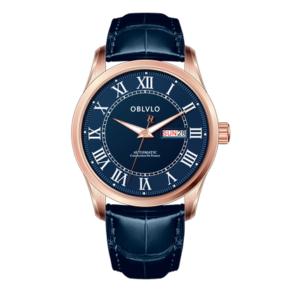 OBLVLO GC-SIM 41mm Rose Gold & Blue Dial Men's Fashion Roman Numeral Classic Automatic Mechanical Wristwatch with Day Date
