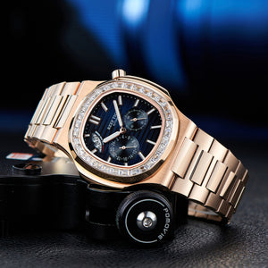 Reef Tiger RGA2019 44mm Mens Sport Multi-Dial Automatic Watch - Blue Dia & Rose Gold Sqaure Case Inlay zirconia