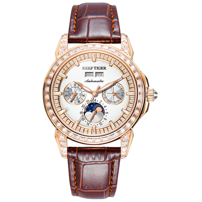 Luxury Rose Gold & Zirconia Bezel Multifunctional Mechanical Moon Phase Automatic Men Watches - Reef Tiger RGA1988