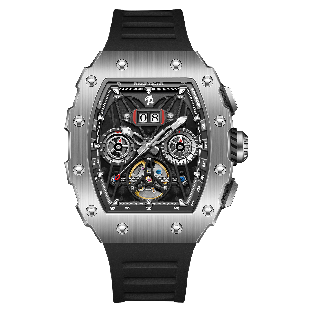REEF TIGER Aurora RGA3009 Multifunctional Date Luminous Waterproof Flywheel Tonneau Automatic Mechanical Watch for Men