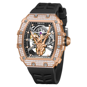 Luxuriöse Skelettuhren aus Roségold mit Diamanten für Damen und Herren – OBLVLO XM FIG-Serie