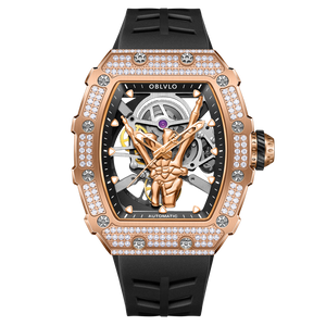 Luxuriöse Skelettuhren aus Roségold mit Diamanten für Damen und Herren – OBLVLO XM FIG-Serie