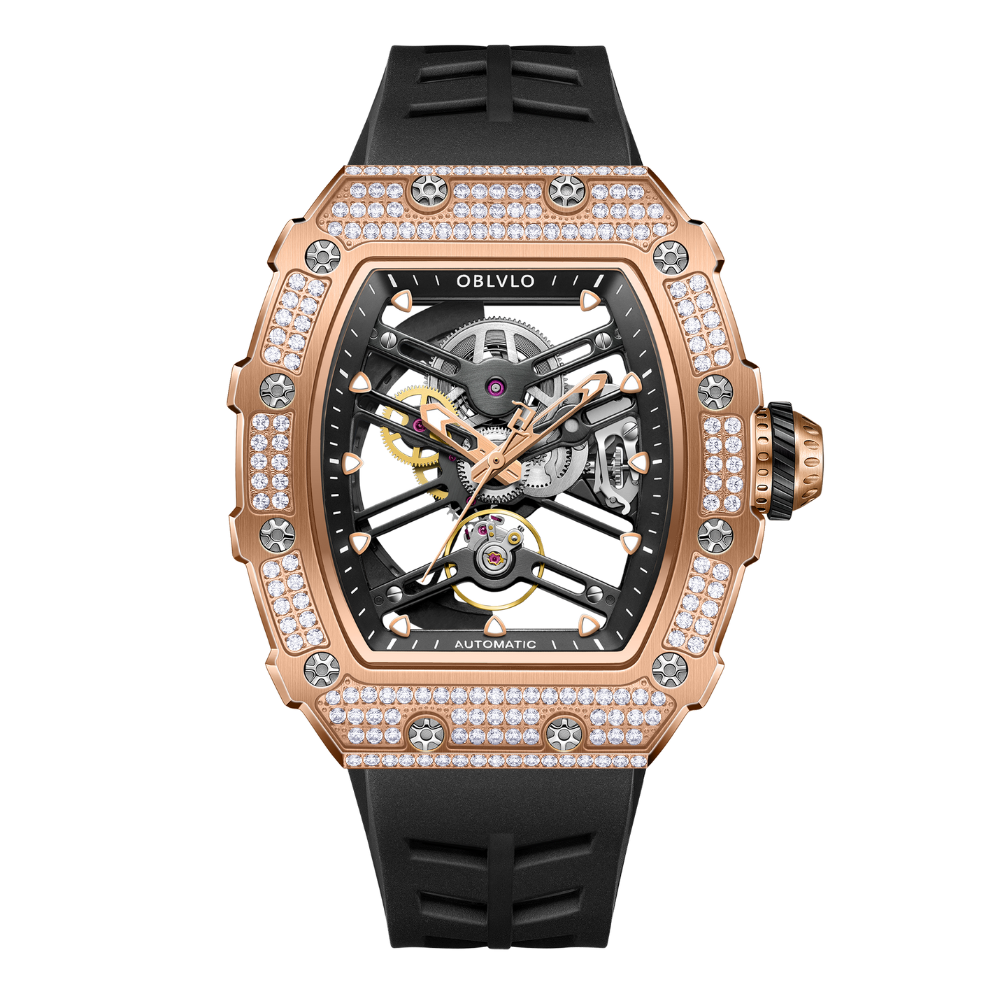 Affordable Luxury Rose Gold Mechanical Skeleton Diamond Watches - OBLVLO XM XSK Series