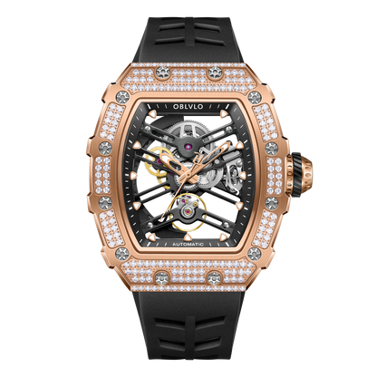 Affordable Luxury Rose Gold Mechanical Skeleton Diamond Watches - OBLVLO XM XSK Series