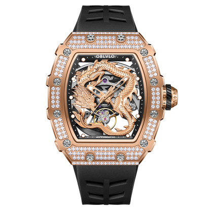 Best Luxury OBLVLO Rose Gold Chinese Dragon Diamond Watch for Men and Women