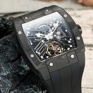 Luxury Black Carbon Fiber Skeleton Automatic Mechanical Watches Under $500