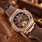 OBLVLO FM-SF Men's Rose Gold Automatic Mechanical Watch Open Heart Brown Dial Luxury Diamond Bezel Wristwatch Genuine Leather Strap