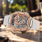 OBLVLO ZRM-ZM Two-Tone Rose Gold & Silver Automatic Watch Tonneau Skeleton Mechanical Wristwatch White Rubber Strap
