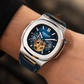 OBLVLO FM-SF Men's Open Heart Automatic Watch Silver Stainless Steel Luxury Diamond Bezel Mechanical Wristwatch Blue Dial Textured Leather Strap