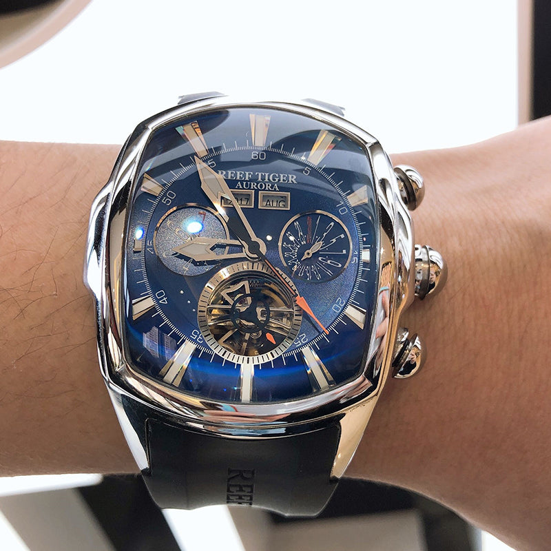 Reef Tiger AURORA メンズ腕時計 ブラック×ブルー Affordable Reef Tiger Aurora Tank Racing Best Black PVD