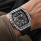 OBLVLO ZM-PH Luxus Silber Tonneau Automatikuhr - 3D Skelett Drachen- & Phönix-Motiv Design Mechanische Uhr