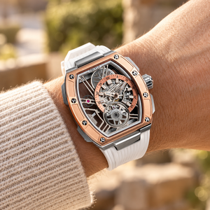 OBLVLO ZRM-ZM Two-Tone Rose Gold & Silver Automatic Watch Tonneau Skeleton Mechanical Wristwatch White Rubber Strap