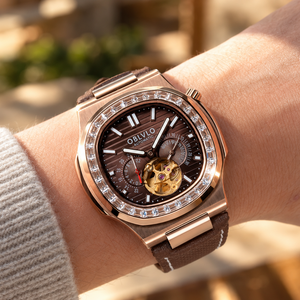 OBLVLO FM-SF Men's Rose Gold Automatic Mechanical Watch Open Heart Brown Dial Luxury Diamond Bezel Wristwatch Genuine Leather Strap