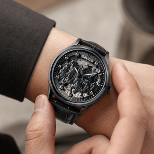 OBLVLO VMH Men's Stealth All Black Automatic Watch 3D Sculpted Horse Dial Skeleton Mechanical Wristwatch Black Leather Strap