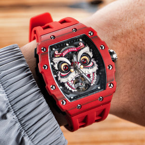 Fashion Unique Chinese Red Lion Dance Skeleton Automatic Watch - Reef Tiger RGA3009