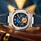 OBLVLO FM-SF Men's Open Heart Automatic Watch Silver Stainless Steel Luxury Diamond Bezel Mechanical Wristwatch Blue Dial Textured Leather Strap