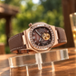 OBLVLO FM-SF Men's Rose Gold Automatic Mechanical Watch Open Heart Brown Dial Luxury Diamond Bezel Wristwatch Genuine Leather Strap